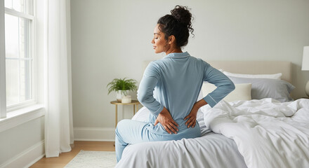 A woman suffering from back pain after waking up, sitting on the edge of her bed and massaging her lower back.