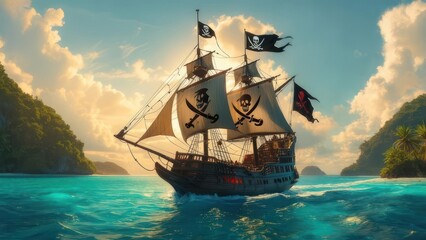 Pirate ship sailing past tropical islands at sunrise