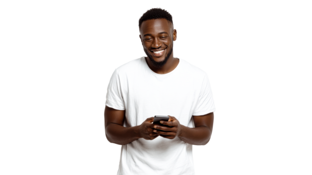 Black man laughing while looking at smartphone