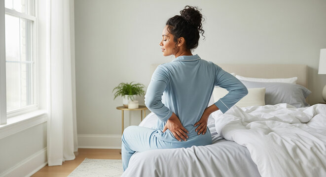 A woman suffering from back pain after waking up, sitting on the edge of her bed and massaging her lower back.