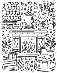 Cozy Fireplace Scene: Coloring Page Design Featuring Winter Warmth and Comfort