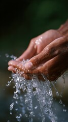 Fototapeta premium Hands collecting rainwater in a smart collection system, water conservation. Resource management, efficiency. Clean, innovative.