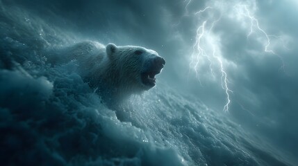 Naklejka premium Polar Bear Battling Stormy Waves Under Dramatic Lightning Sky