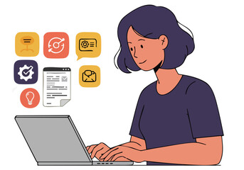 A smiling young woman works on a laptop, surrounded by digital icons. Modern, flat design illustration. Ideal for productivity and technology themes.