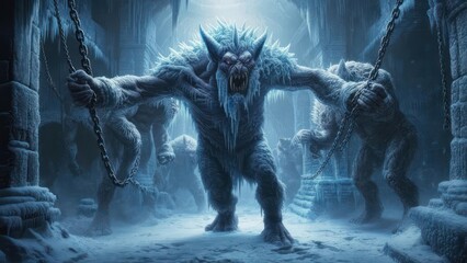 Primal Fury of a Chained Ice Demon in a Frozen Temple
