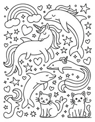 Obraz premium Whimsical Line Art: Unicorns, Dolphins, Cats, Rainbows, and Stars - Coloring Page Design