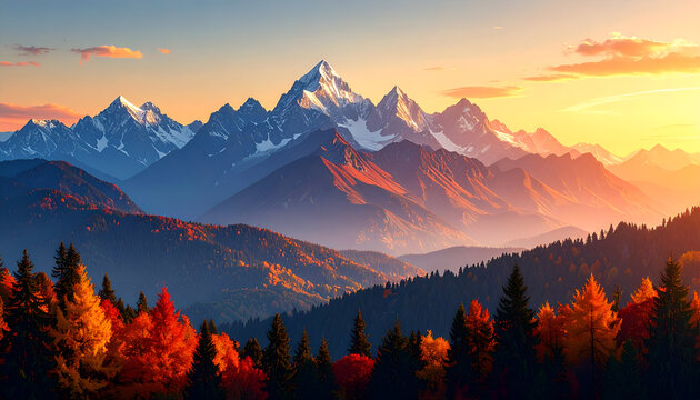 Autumn Sunset with Mountain Range.