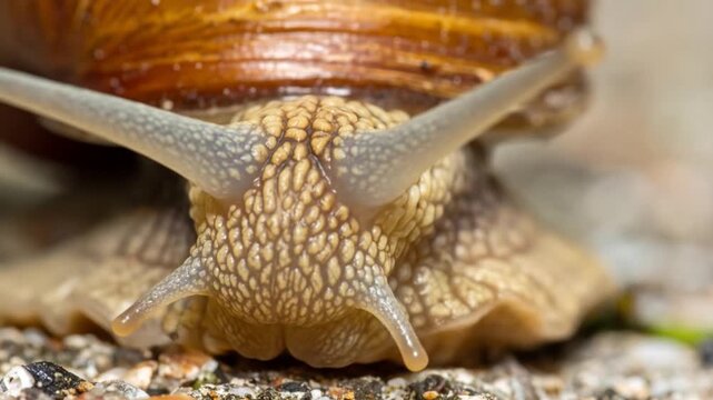 Close-up of a garden snail slowly crawling on sandy ground, showing intricate shell and tentacles in nature.