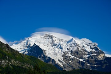 Picturesque Swiss Mountain Scenery in the Jungfrau Alps in Bernese Oberland with Eiger and Mönch and glacier