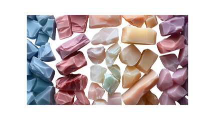 Assorted colorful polished gemstones arranged in gradient pattern.
