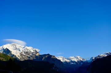 Picturesque Swiss Mountain Scenery in the Jungfrau Alps in Bernese Oberland with Eiger and Mönch and glacier
