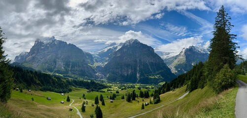 Picturesque Swiss Mountain Scenery in the Jungfrau Alps in Bernese Oberland with Eiger and Mönch and glacier