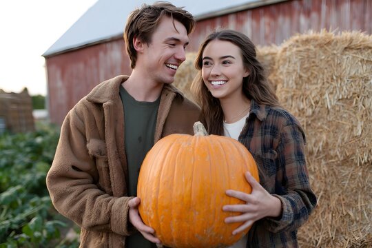 Couple carries a large pumpkin at a fall harvest festival Generative AI