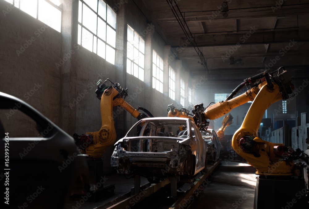 Poster group of robotic arms working in industrial factory, assembling car frames under soft lighting. atmo