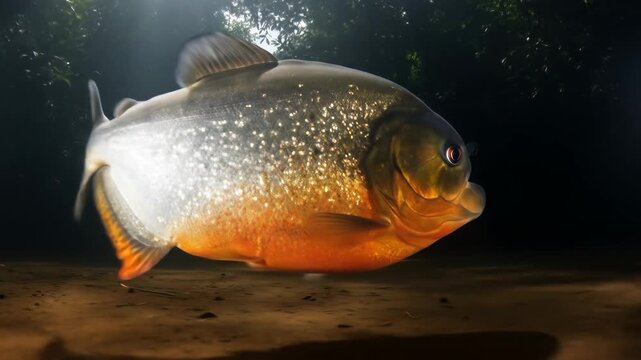 Piranha in Murky Water - A fierce-looking piranha with a prominent underbite swims through murky, dark water. Sunlight filters down from above, illuminating the fish and the sandy riverbed below.