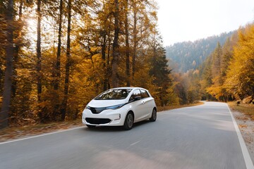 Electric car on a fall foliage scenic drive through mountains Generative AI