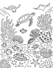 Ocean Life Coloring Page: Sea Turtles, Coral Reef, and Fish Line Art