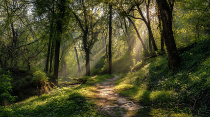 Obraz premium Path through spring forest with sunbeams breaking through leaves