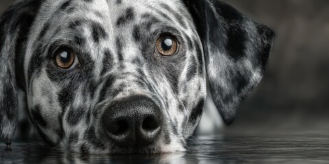 Dalmatian dog looking curiously from the floor in a cozy indoor setting during evening light