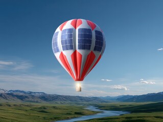 Naklejka premium Conceptual image: A hot air balloon powered by solar panels floating above a scenic landscape, innovative eco-travel. Green mobility, exploration. Bright, peaceful.