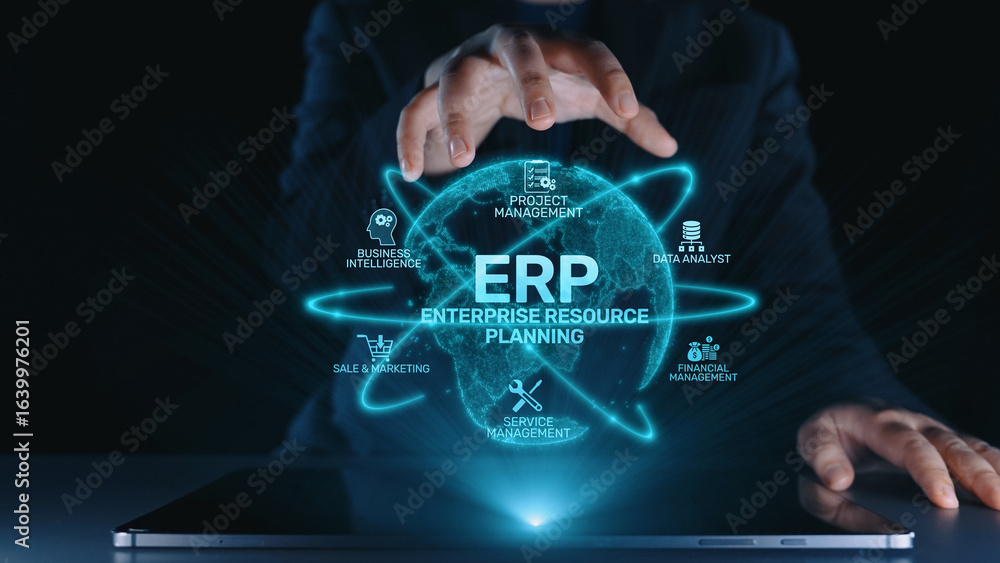 Poster erp platform visual showing centralized system for enterprise resource planning, improving integrati