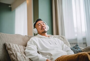 Relaxed Asian man enjoys music at home, wearing headphones and cozy hoodie, creating peaceful atmosphere. His expression reflects tranquility and contentment