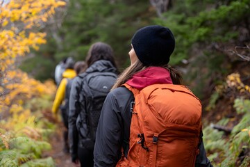 Experienced hiking guide leads diverse group on scenic trail Generative AI