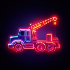 Colorful neon outline of a tow truck with a crane against a dark background showcasing its design and structure