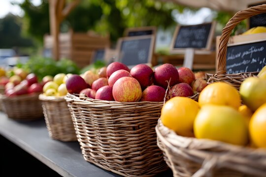Baskets brimming with various apples and lemons at a farmers market Generative AI