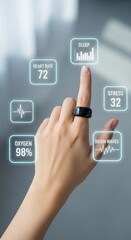 A close-up of a human hand with a black smart ring interacting with health data displays. Metrics include heart rate, sleep, stress, and oxygen levels.