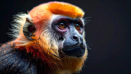 Fototapeta premium Ultra-realistic close-up portrait of a Patas monkey with vibrant orange fur and expressive, sharp eyes against a dark background.