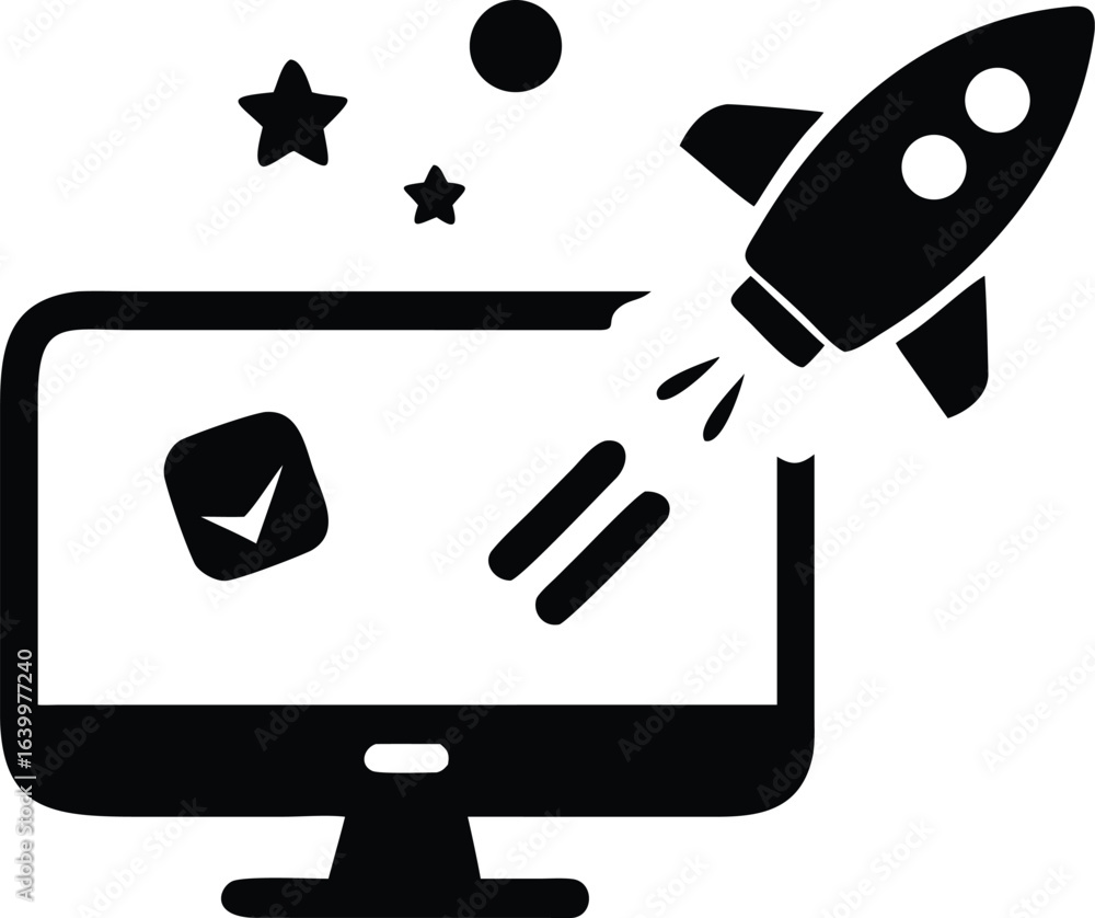Poster black and white icon of a rocket launching from a computer screen with stars and a checkmark technol