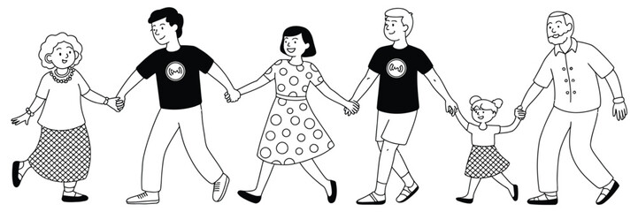 Three Generation Happy Family Dancing Silhouette EPS 10 Vector Illustration Featuring Grandparents, Parents, and Child Holding Hands, Black Silhouettes Only with No White Elements