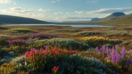Fototapeta premium Serene Arctic Tundra Landscape with Vibrant Wildflowers and Distant Mountains Under a Cloudy Sky