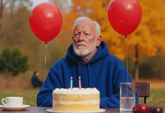 A lonely birthday celebration with balloons and cake in the park