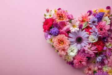 Obraz premium Heart surrounded with fresh colorful flowers on pastel pink background. Creative love layout with copy space. Valentines day, wedding or romantic visual trend. Spring bloom. Flat lay