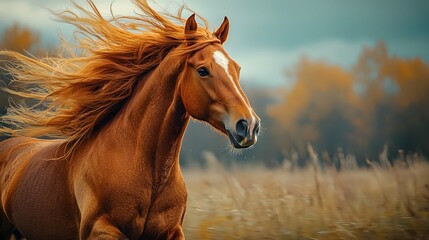 Majestic horse with flowing mane running through the wind