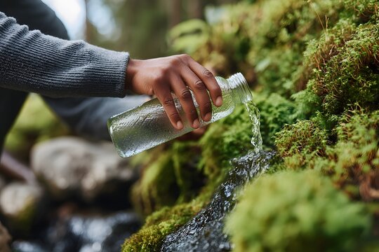 Hiker refilling water bottle at a mountain stream Generative AI - Powered by Adobe