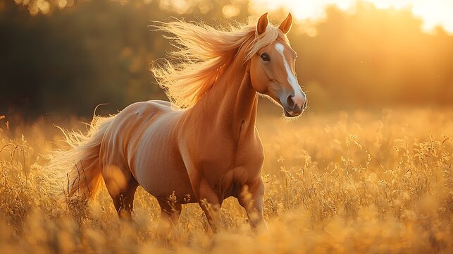 Majestic golden horse with flowing mane galloping through a serene field at sunset