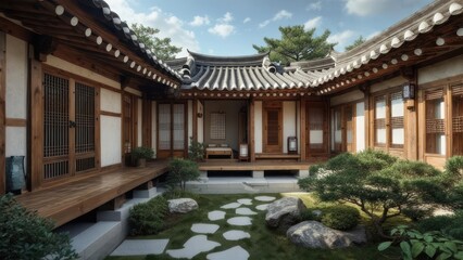 Obraz premium Serene Korean Hanok Courtyard with Traditional Architecture and Zen Garden