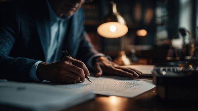 A man in a suit writes on a piece of paper at a desk. The setting is dimly lit with a warm lamp illuminating the workspace. Papers and a pen are visible.