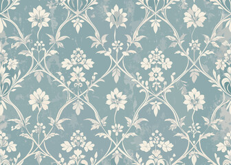 A weathered vintage wallpaper design with a classic damask pattern