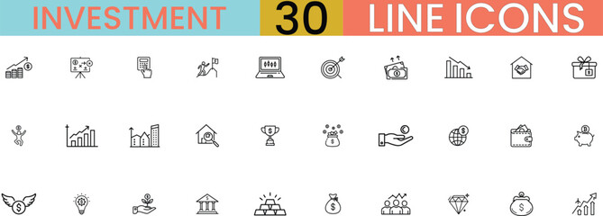 Investment Line Icons Vector Set – Finance, Money, Stock Market, Banking, Growth, Profit, Business, Cryptocurrency