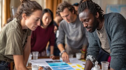 A diverse group of young adults collaborates around a table covered with papers and cups. They are engaged in a creative brainstorming session.