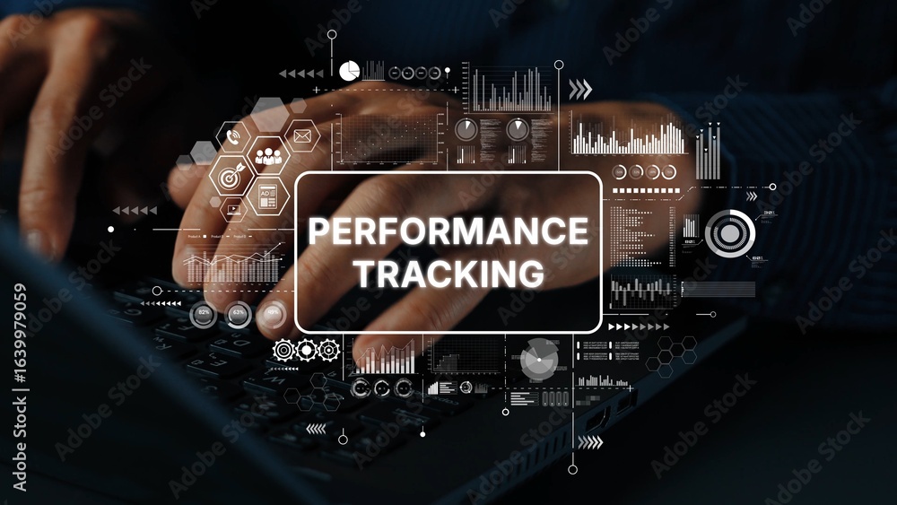 Aufkleber person using laptop for performance tracking with data visualizations and analytics overlays. asympt