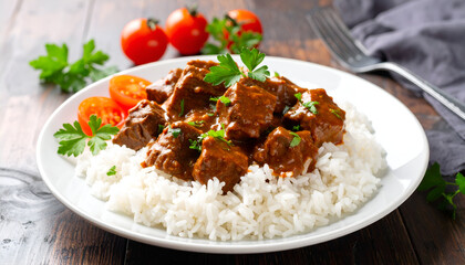 Beef Stew Rice Dinner Dish.