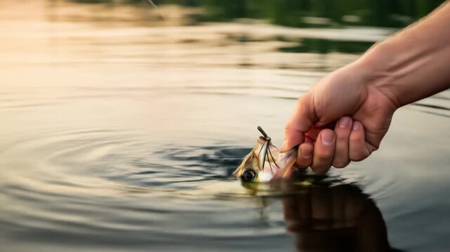 Crappie Fishing at Sunset - A large crappie with a jig in its mouth is being carefully lifted from the water by a fisherman's hand. The sun is setting, casting a warm glow on the calm lake surface.