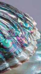 Close-up of an iridescent seashell with colorful patterns. The shell displays shades of blue, green, and purple, showcasing its natural beauty and texture.