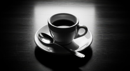 Black and white image of a cup of coffee with a spoon on a saucer