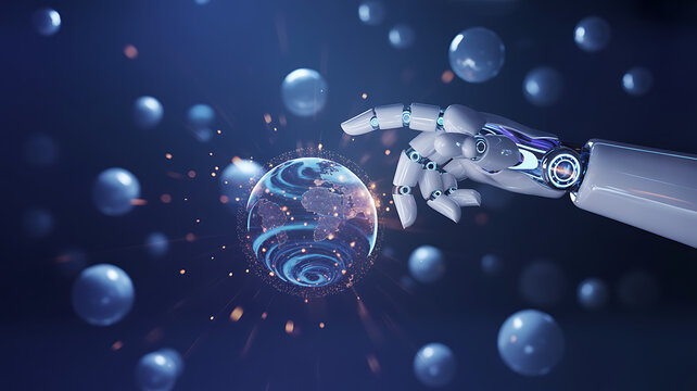 Robotic hand touching futuristic digital globe representing global technology